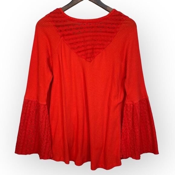 Free People Top Women Size PS Orange Eyelet Lace Bell Sleeve V Neck Boho - Picture 7 of 10